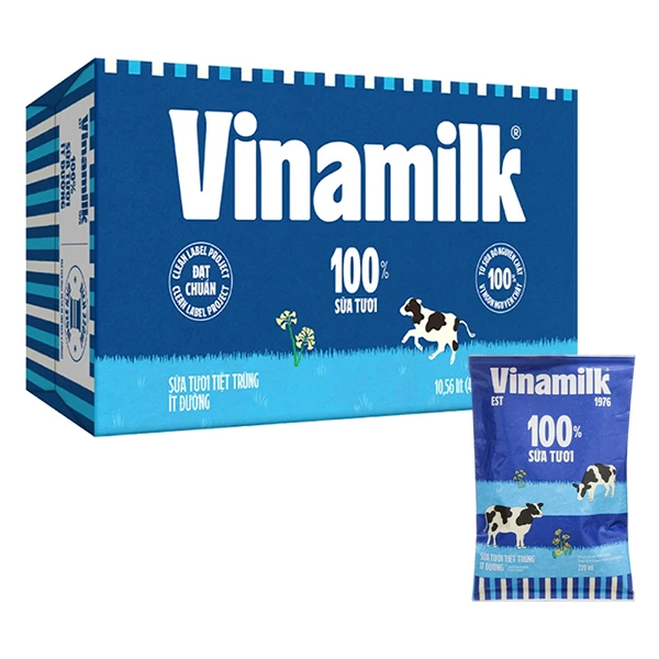 Thùng 48 bịch sữa tươi tiệt trùng Vinamilk ít đường