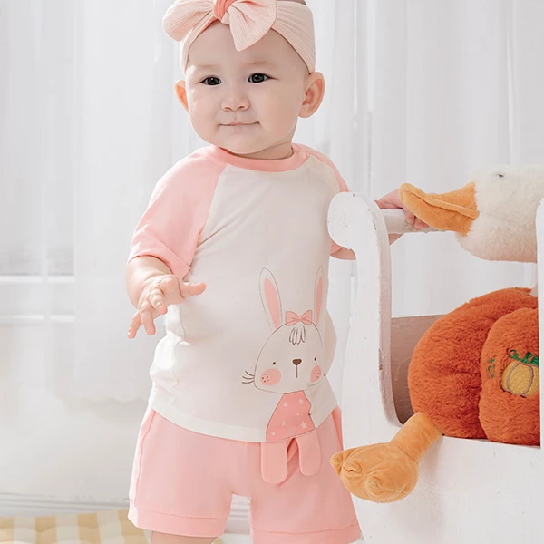 Bộ tay ngắn bé gái La Pomme rong chơi cùng sắc màu màu hồng - trắng