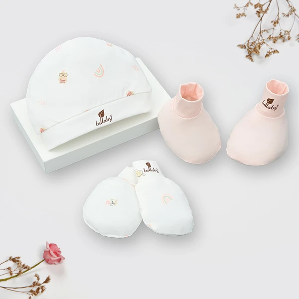 Set nón, bao tay bao chân rayon Lullaby NH511N màu trắng - hồng in hình đa sắc