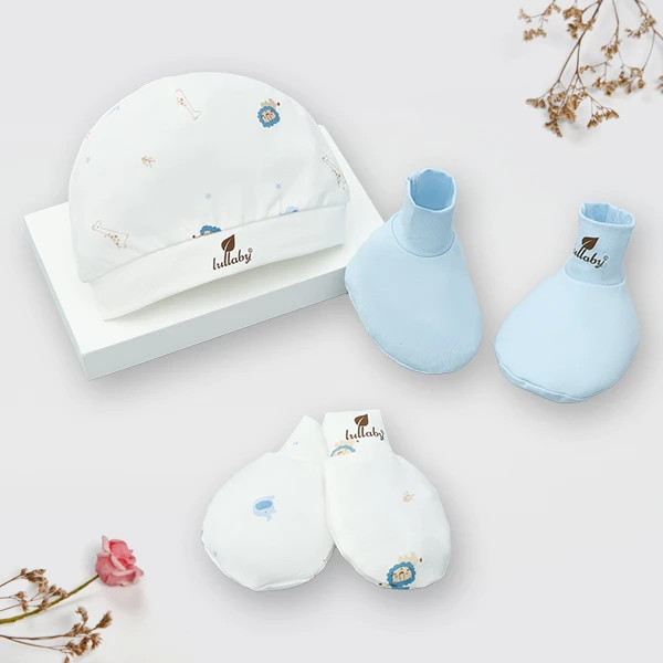 Set nón, bao tay bao chân rayon Lullaby NH511N màu trắng - xanh in hình thú