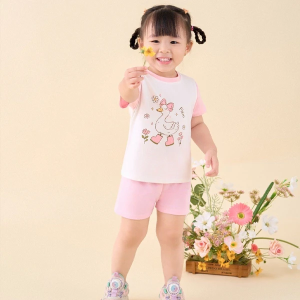 Bộ tay ngắn bé gái La Pomme màu hồng - trắng