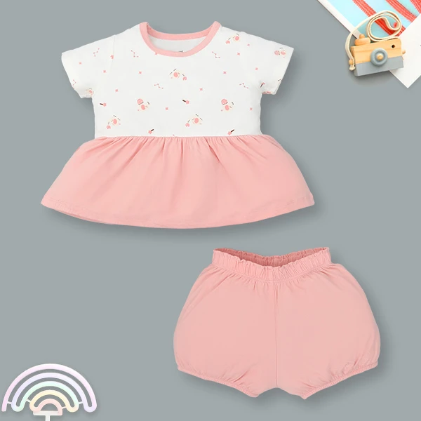 Bộ tay ngắn bé gái Lullaby NH462N màu trắng - hồng đậm