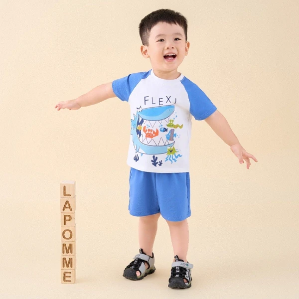Bộ tay ngắn bé trai La Pomme màu xanh dương - trắng