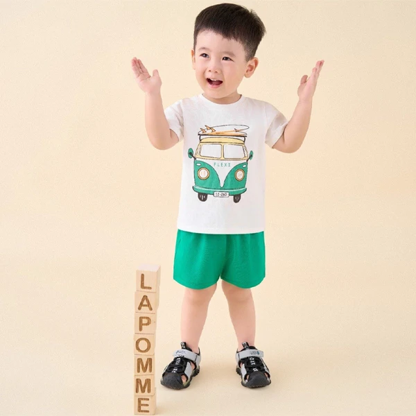 Bộ tay ngắn bé trai La Pomme màu trắng - xanh lá