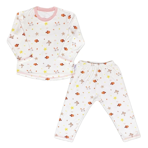 Đồ bộ tay dài bé gái Babymommy trắng in phối bo cam