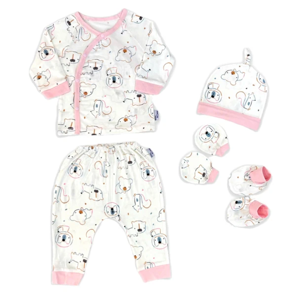 Set bộ tay dài visco BabyMommy cài chéo trắng viền hồng