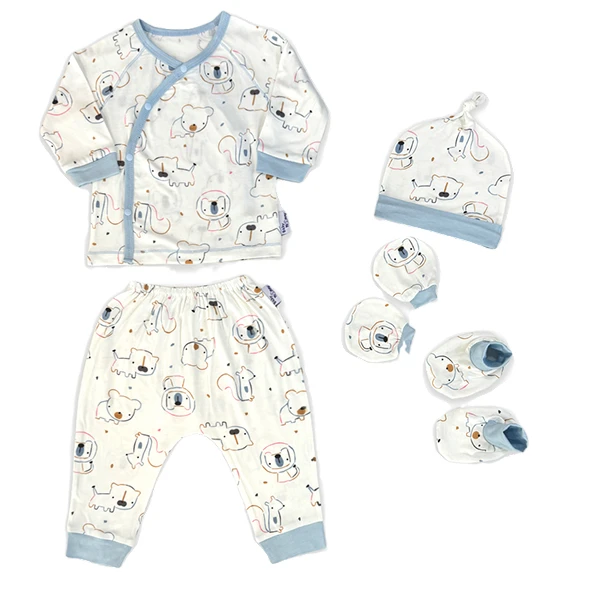 Set bộ tay dài visco BabyMommy cài chéo trắng viền xanh