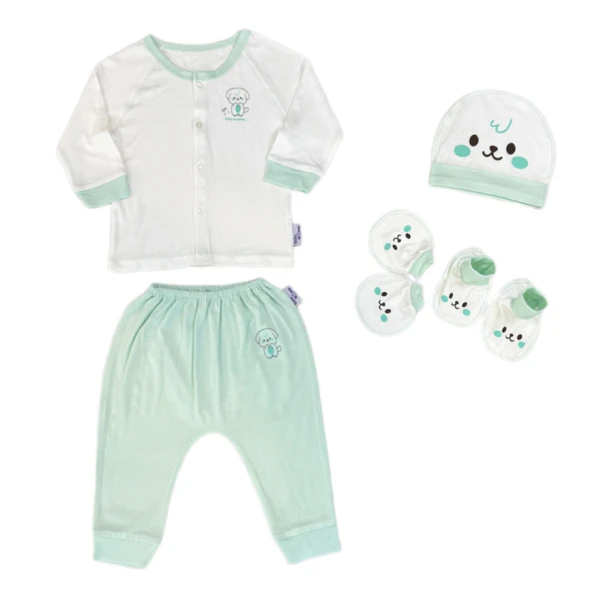 Set bộ tay dài bamboo BabyMommy cài giữa trắng phối xanh mint