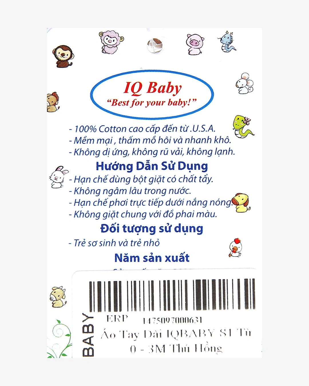 Áo tay dài in hình thú xanh IQ Baby màu trắng 16
