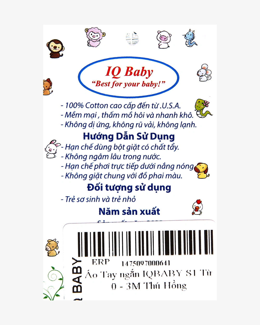 Áo tay ngắn in hình thú hồng IQ Baby màu trắng 6