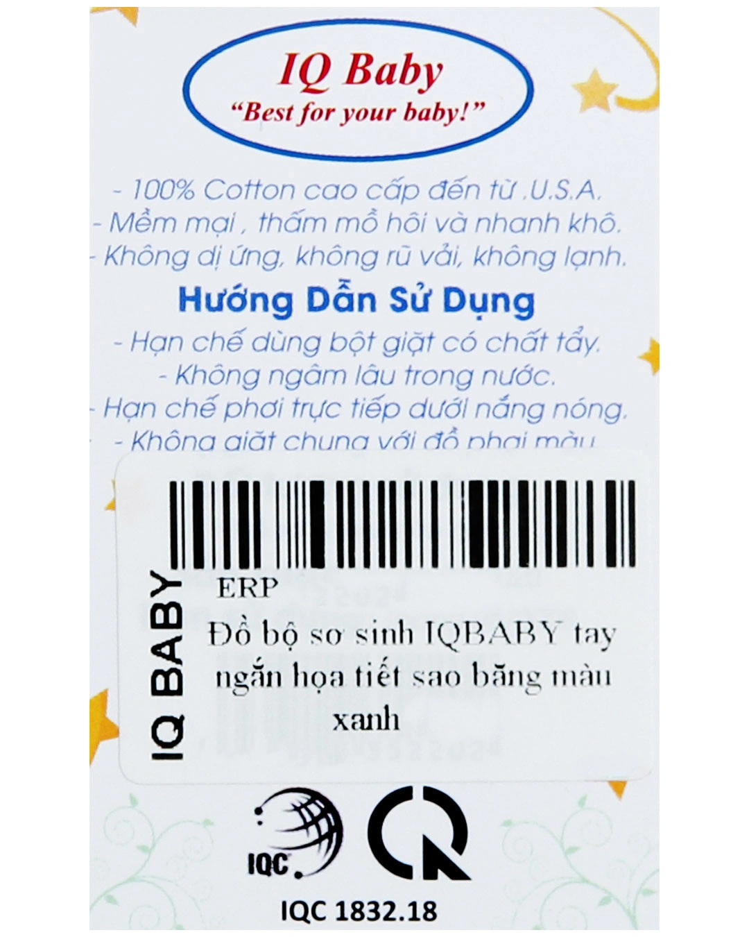 Bộ tay ngắn in sao băng xanh IQ Baby màu trắng 9