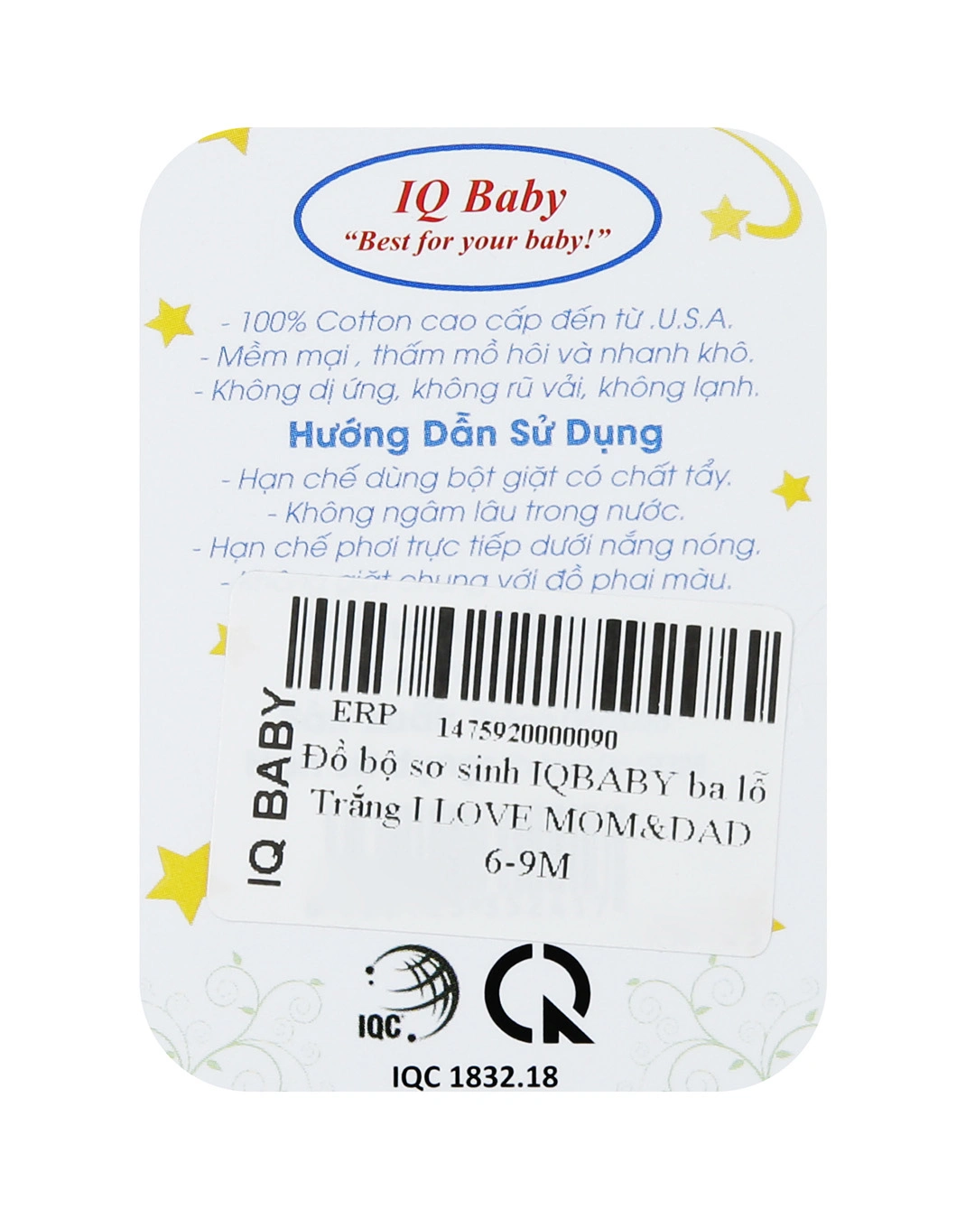 Bộ sát nách in chữ I LOVE MOM&DAD IQ Baby màu trắng 3