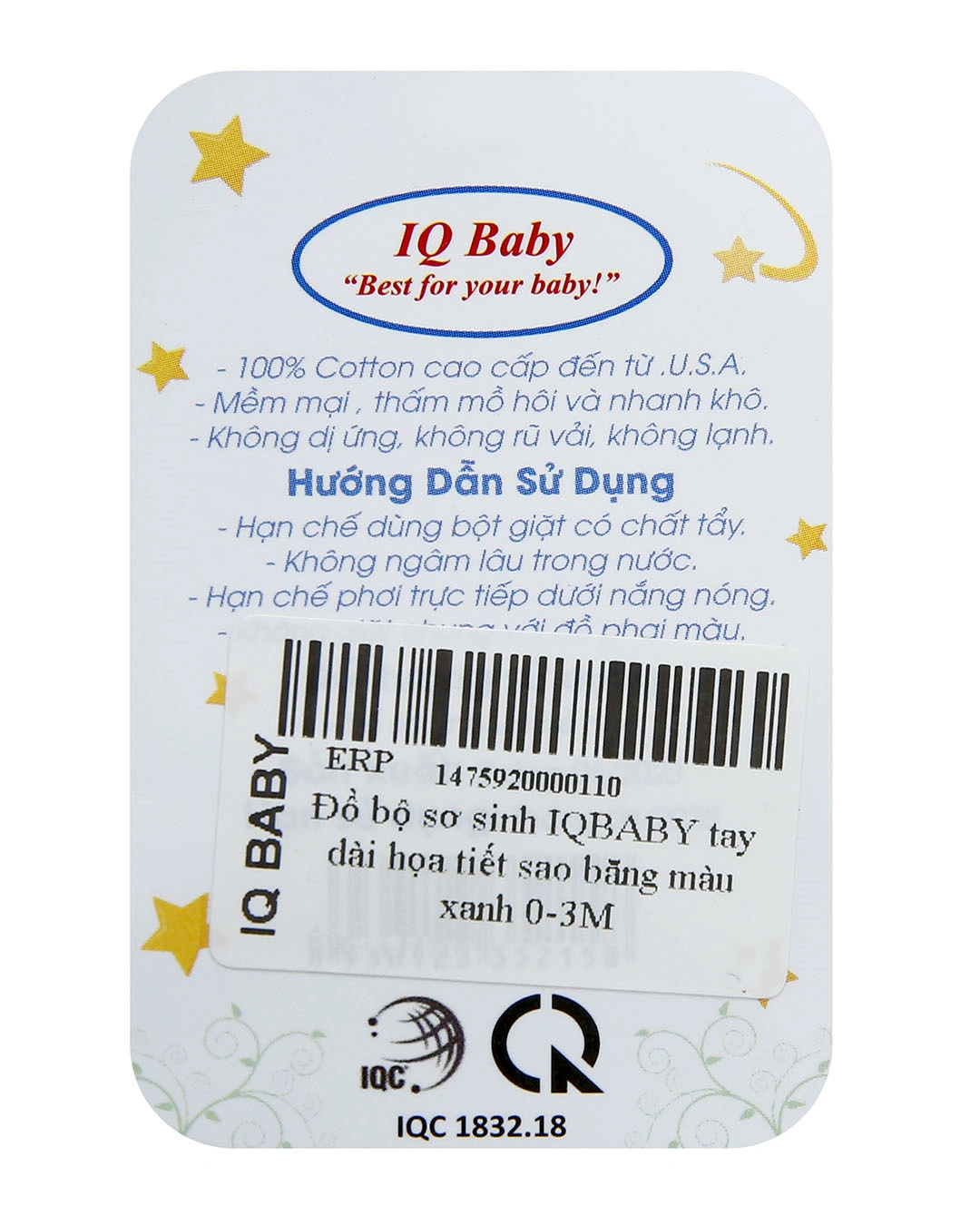 Bộ tay dài in sao băng xanh IQ Baby màu trắng 11