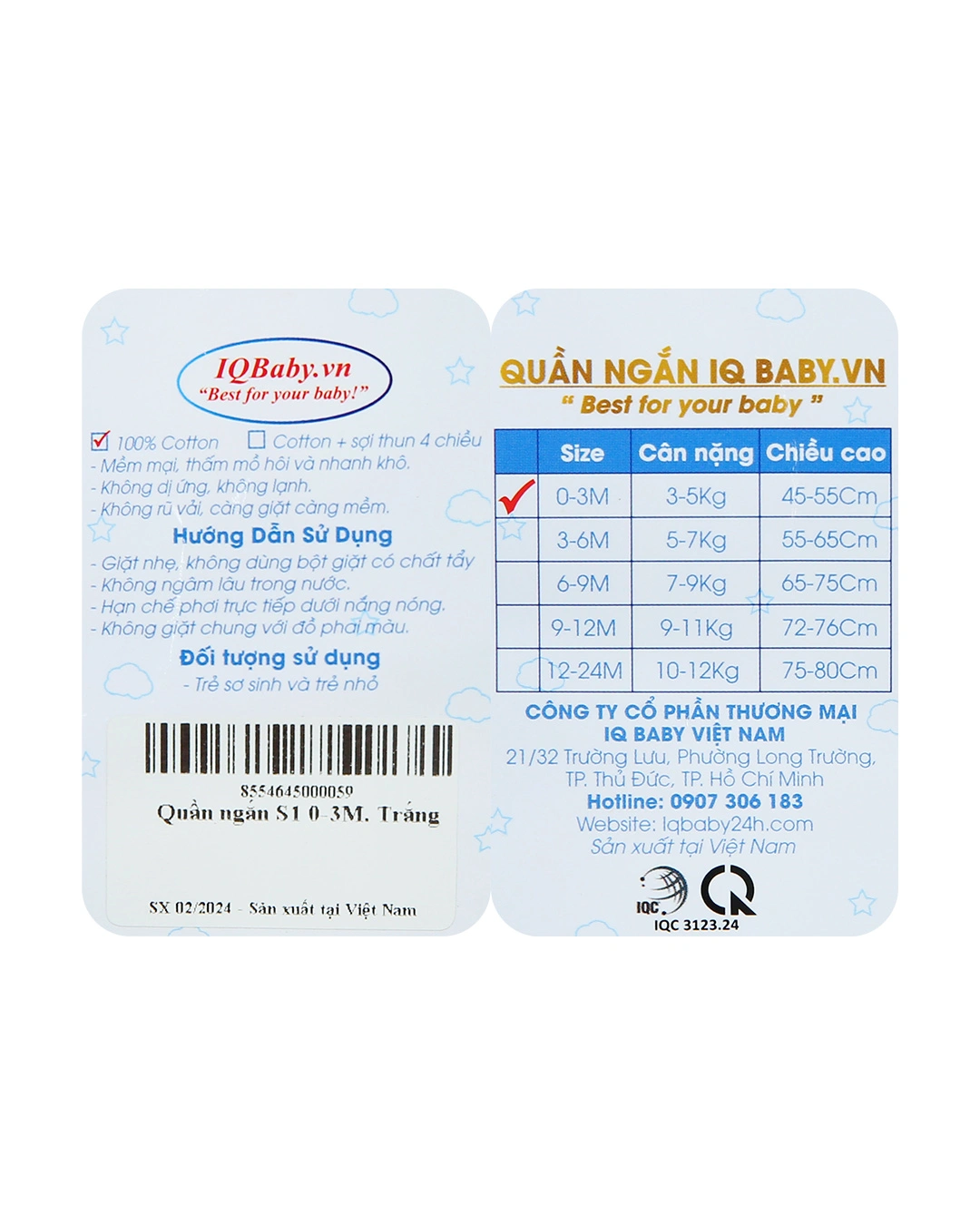 Quần ngắn cotton mềm nhẹ IQ Baby màu trắng 6
