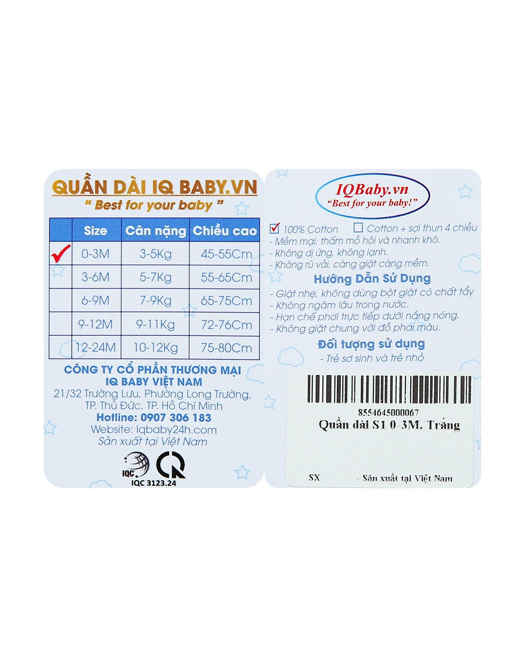 Quần dài cotton mềm nhẹ IQ Baby màu trắng 6