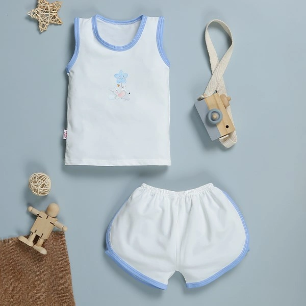 Bộ sát nách in hình voi IQ Baby màu trắng viền xanh 1