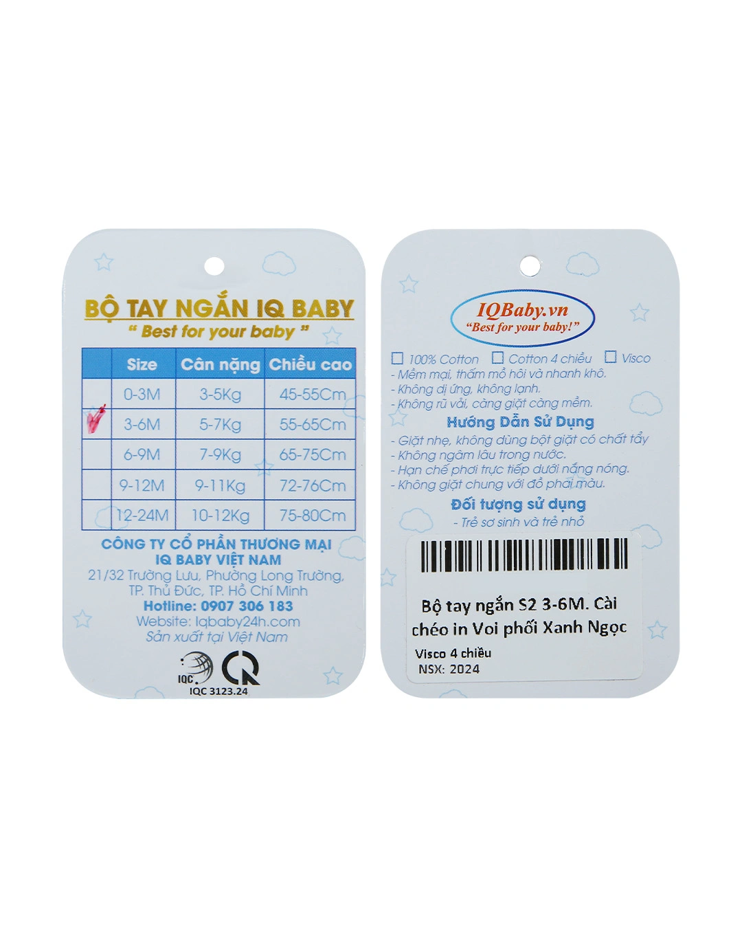 Bộ tay ngắn in hình voi IQ Baby màu trắng - xanh ngọc 13