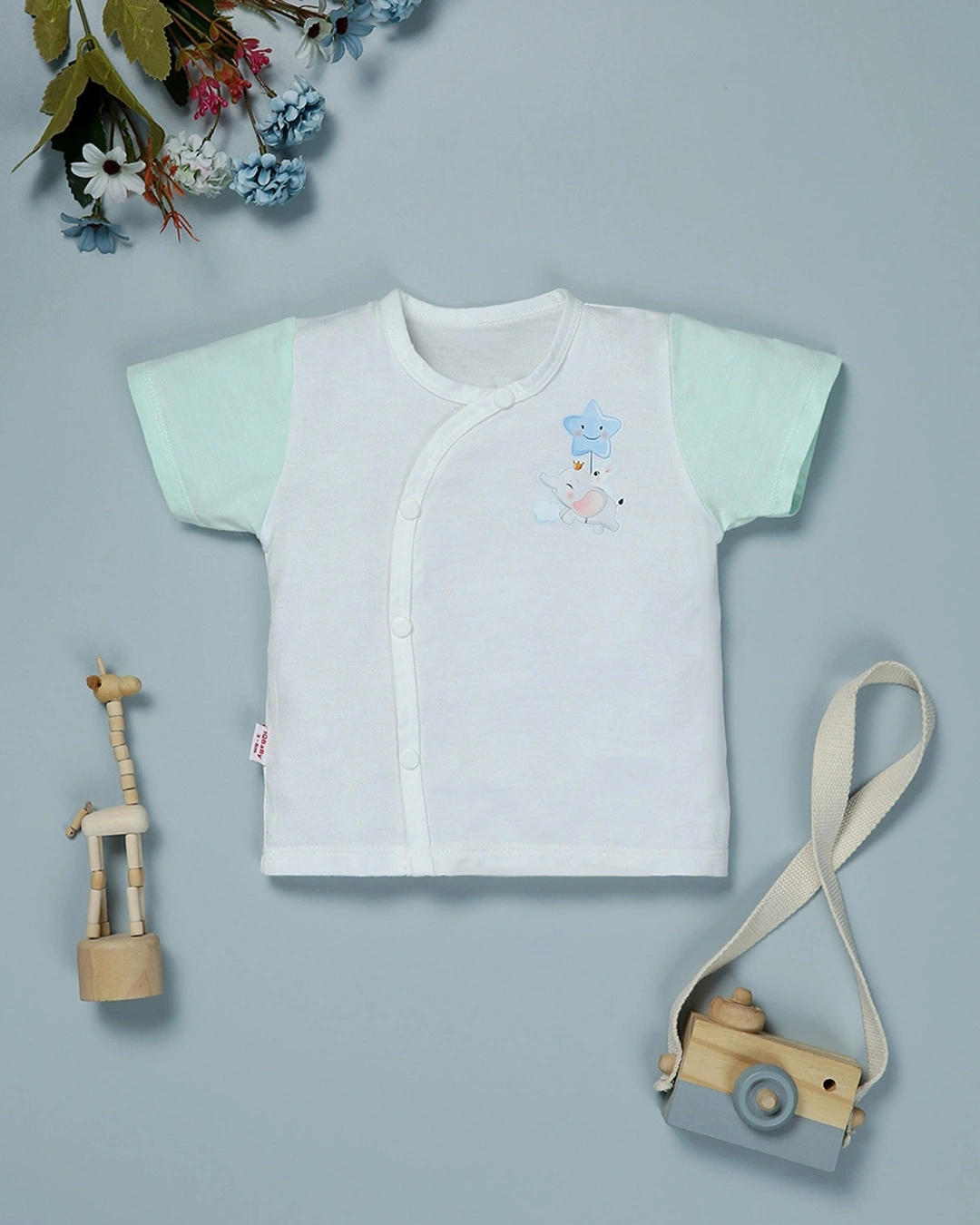 Bộ tay ngắn in hình voi IQ Baby màu trắng - xanh ngọc 2
