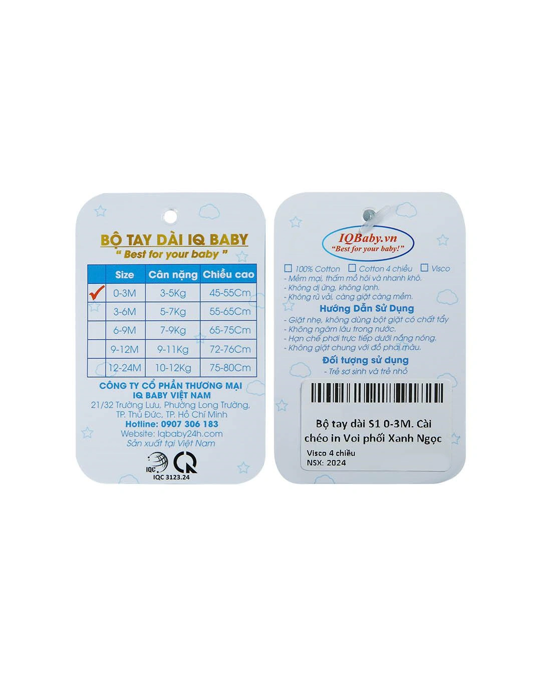Bộ tay dài in hình voi IQ Baby màu trắng - xanh ngọc 14