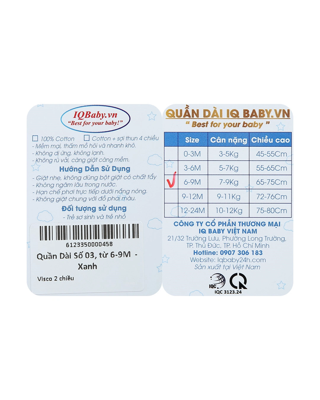 Quần dài IQ Baby visco màu xanh 6