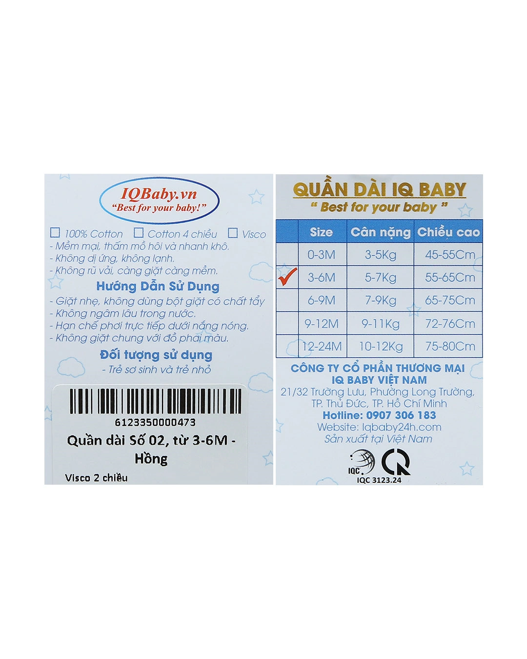 Quần dài IQ Baby visco màu xanh 11