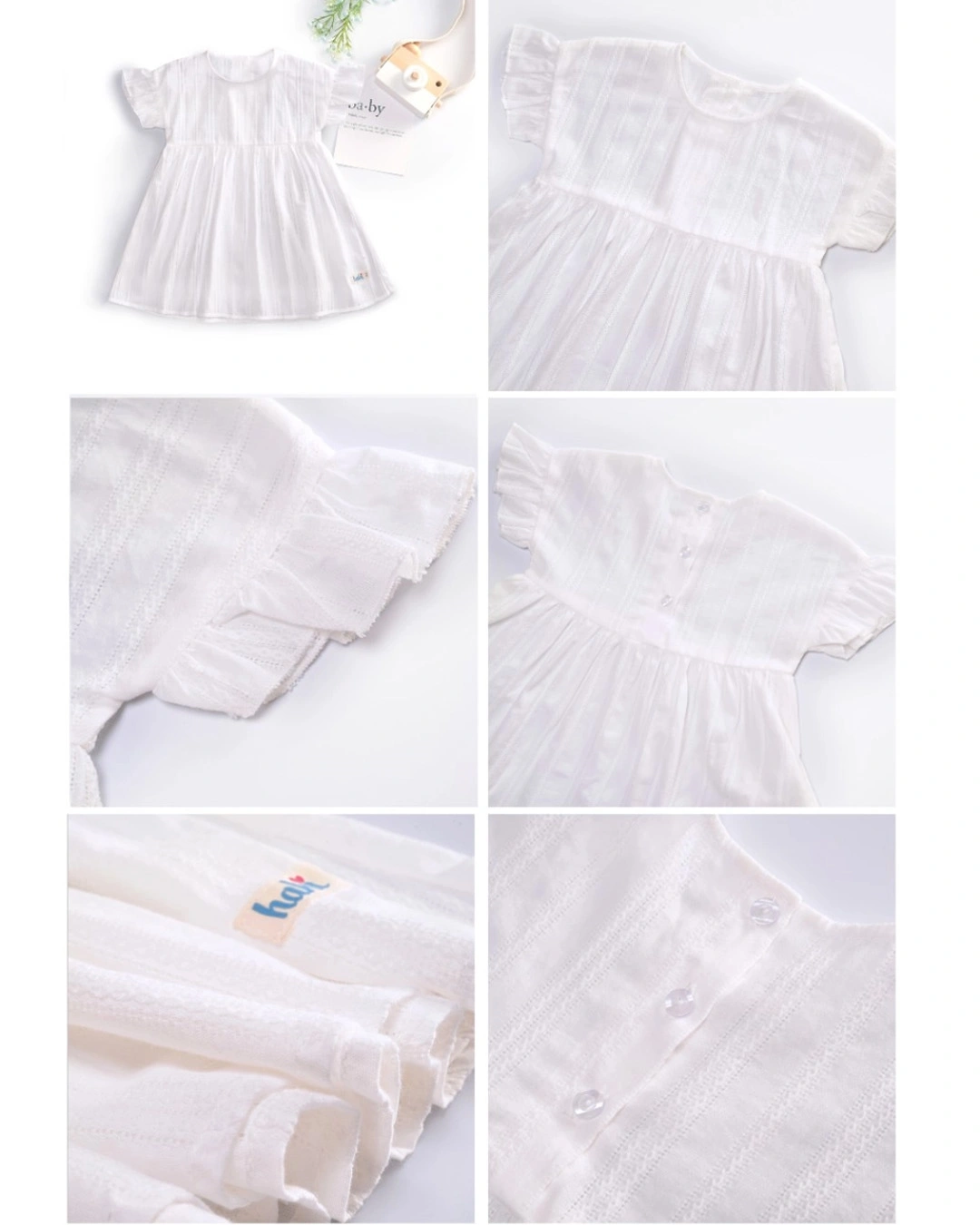 Đầm bé gái Haki màu trắng vai tay quấn bèo 5