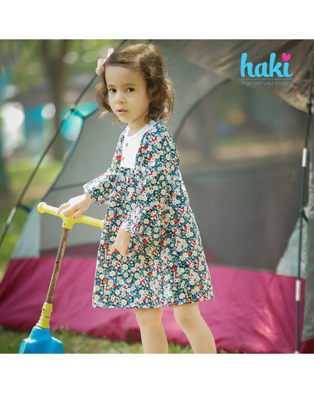 Đầm bé gái Haki màu xanh tay bèo 3