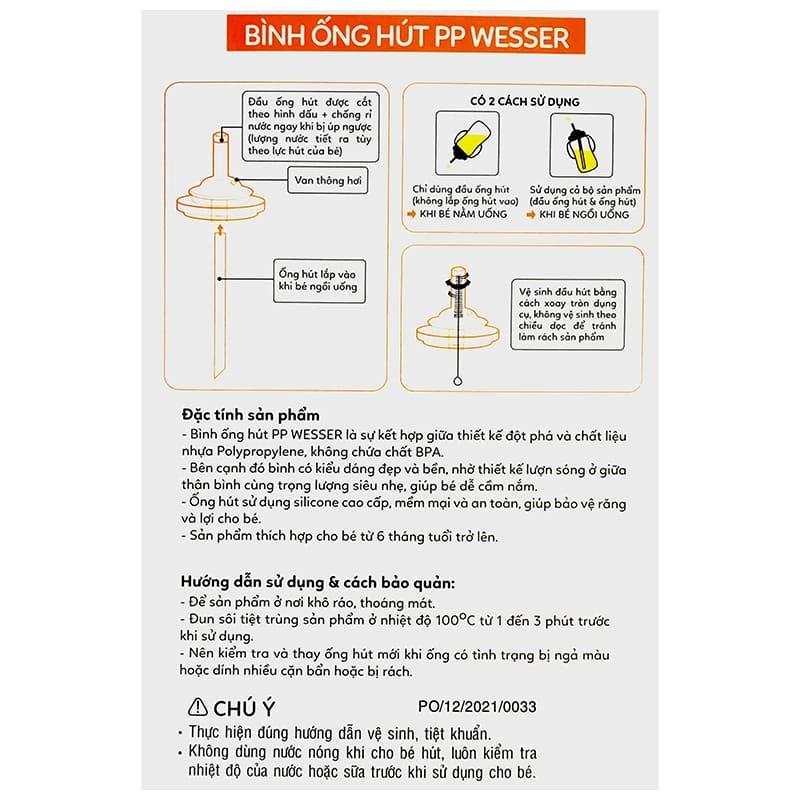 Bình tập uống Wesser 260 ml - Màu cam (từ 6 tháng) 4