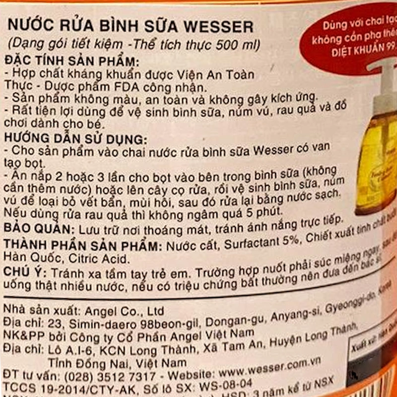 Nước rửa bình sữa Wesser chai 500 ml hương bưởi 7