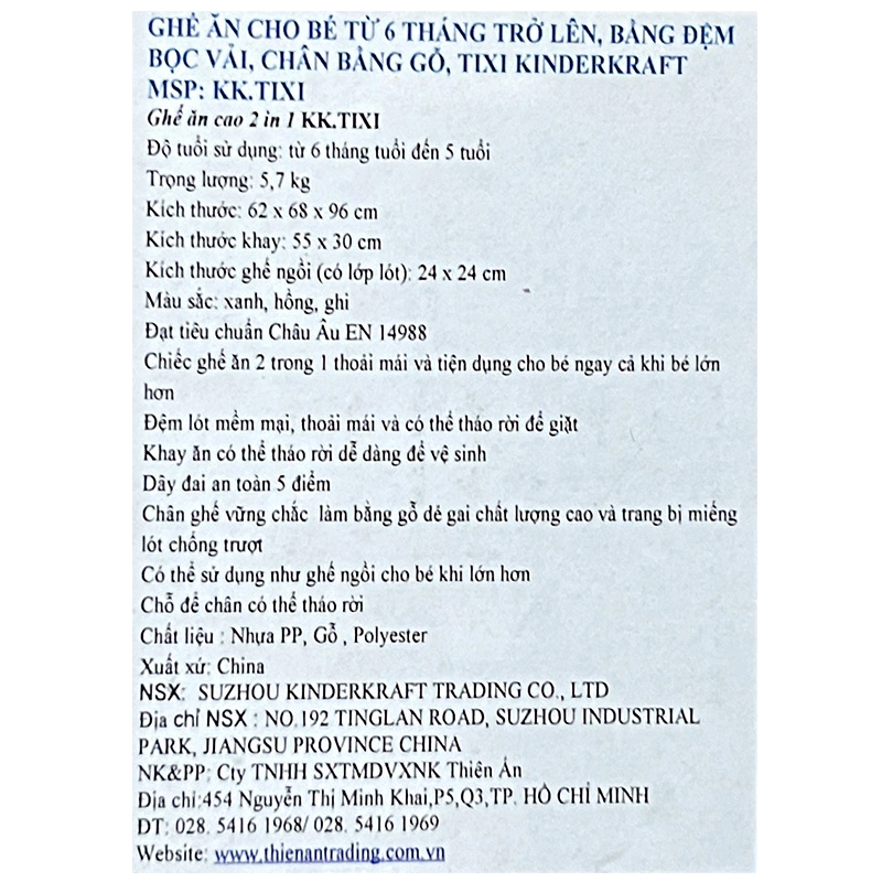 Ghế ăn Kinderkraft KK.TIXI (6 tháng - 5 tuổi) - Màu xanh dương [Hàng trưng bày - không kèm thùng] 6