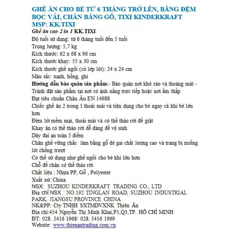 Ghế ăn Kinderkraft KK.TIXI (6 tháng - 5 tuổi) - Màu xanh dương [Hàng trưng bày - không kèm thùng] 11