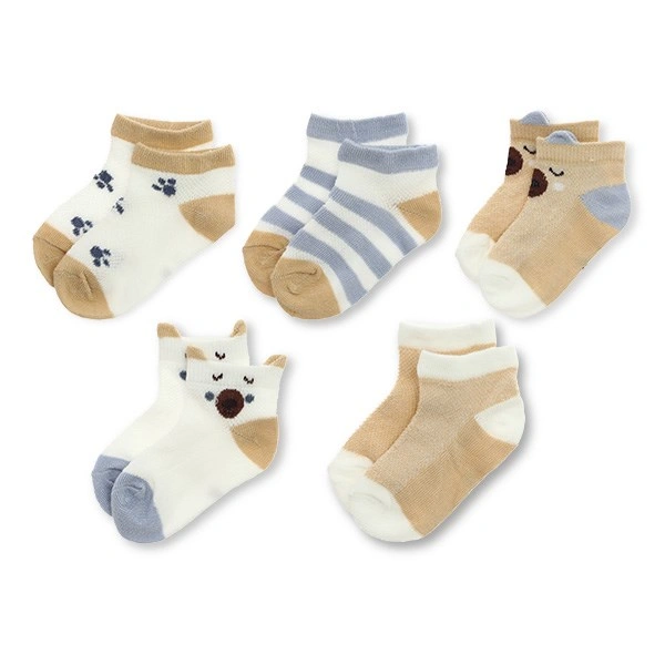 Combo 5 đôi tất sơ sinh Á Châu cotton nâu - trắng - xanh