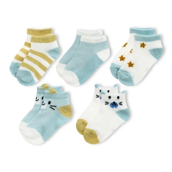 Combo 5 đôi tất sơ sinh Á Châu cotton xanh dương - trắng - vàng