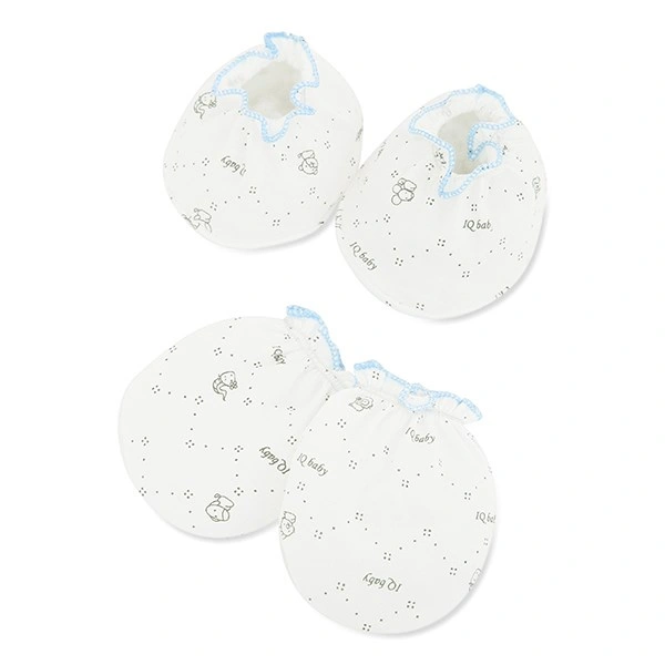 Bộ bao tay, bao chân in thú, viền xanh IQ Baby màu trắng (0 - 3 tháng) 1