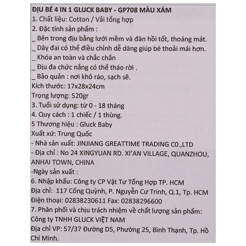 Địu em bé 4 tư thế Gluck Baby GP708 - Màu xám (0 - 18 tháng) 5