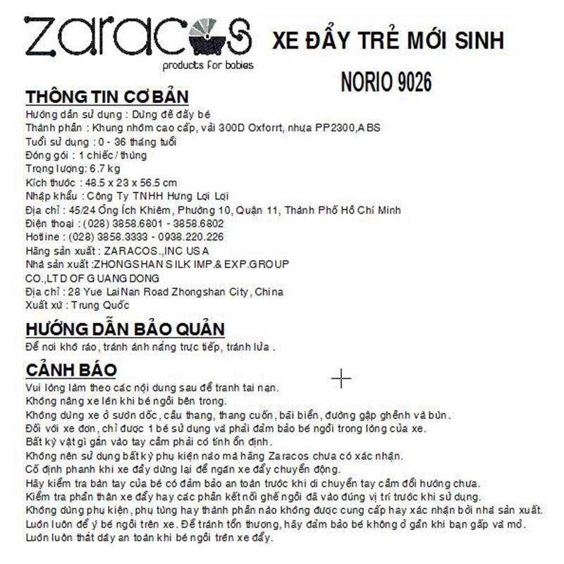 Xe đẩy 1 chiều gấp gọn Zaracos Norio 9026 (0 - 3 tuổi) - Màu ngẫu nhiên 12