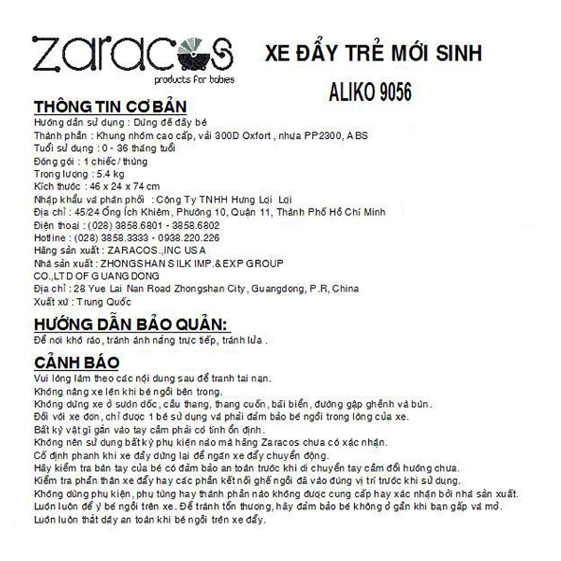 Xe đẩy 2 chiều gấp gọn Zaracos Aliko 9056 (0 - 3 tuổi) - Màu ngẫu nhiên 16