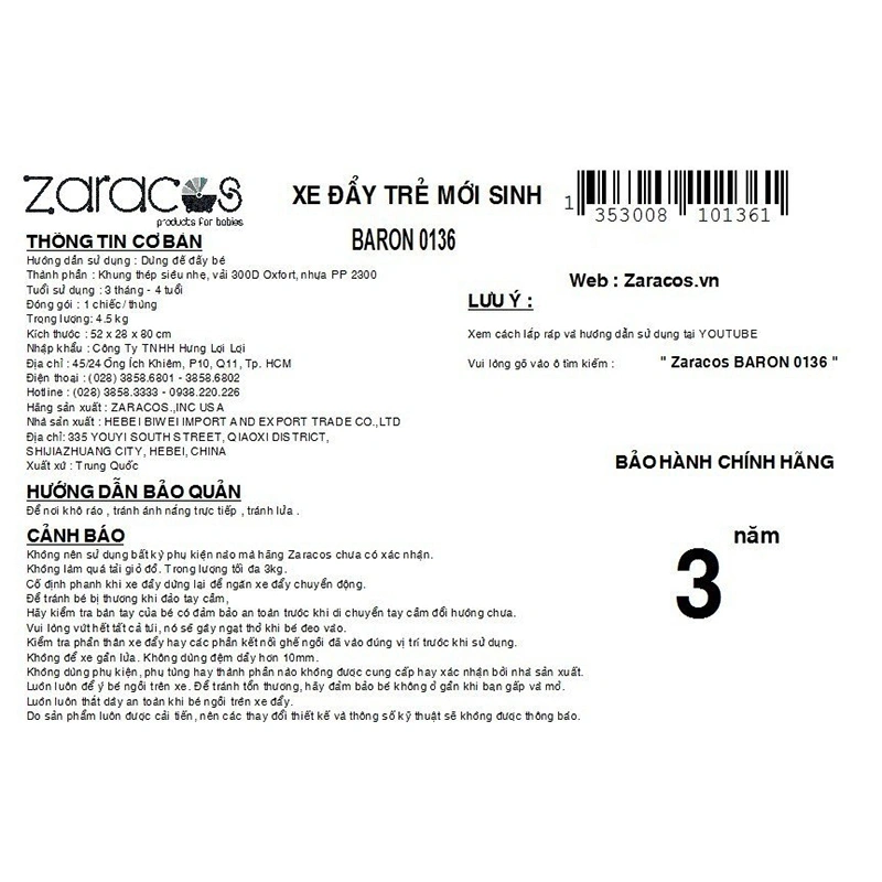 Xe đẩy 2 chiều gấp gọn Zaracos Baron 0136 (3 tháng - 4 tuổi) - Màu ngẫu nhiên 25