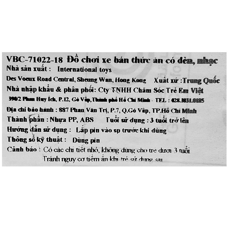 Đồ chơi xe bán thức ăn VBCare VBC-71022-18 6