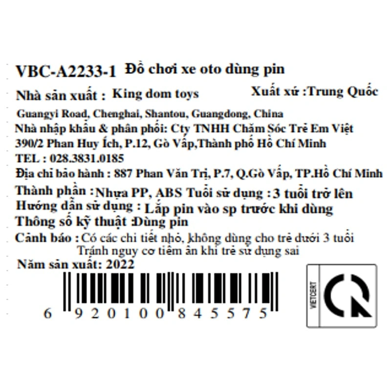 Đồ chơi xe ô tô VBCare VBC-A2244-1 11