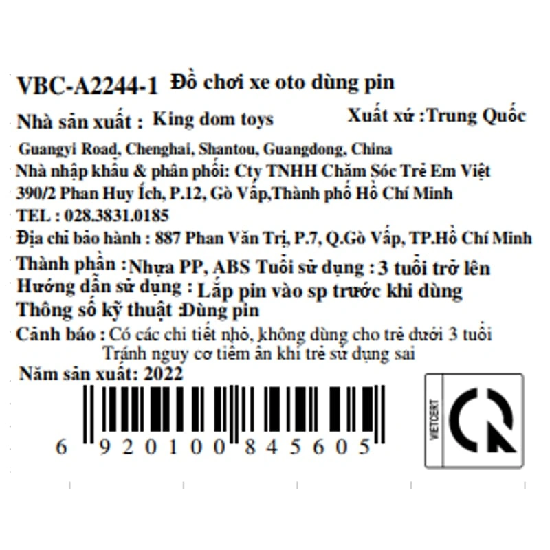 Đồ chơi xe ô tô VBCare VBC-A2244-1 6
