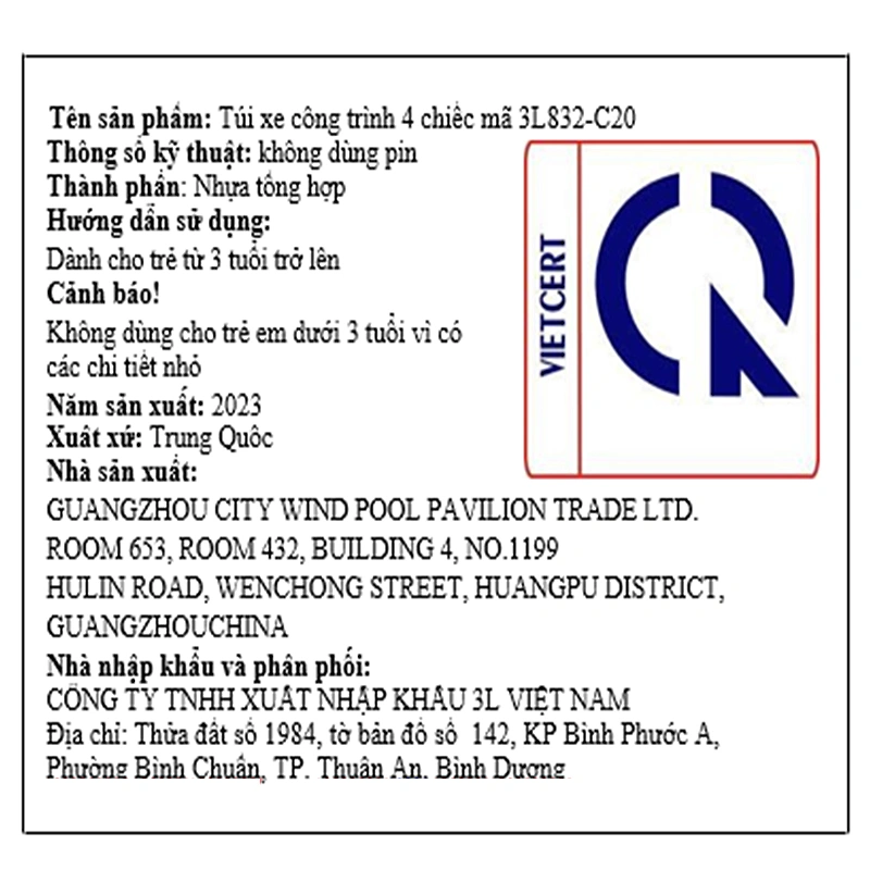 Đồ chơi xe công trình 3L 3L832-C20 (4 chiếc) 9