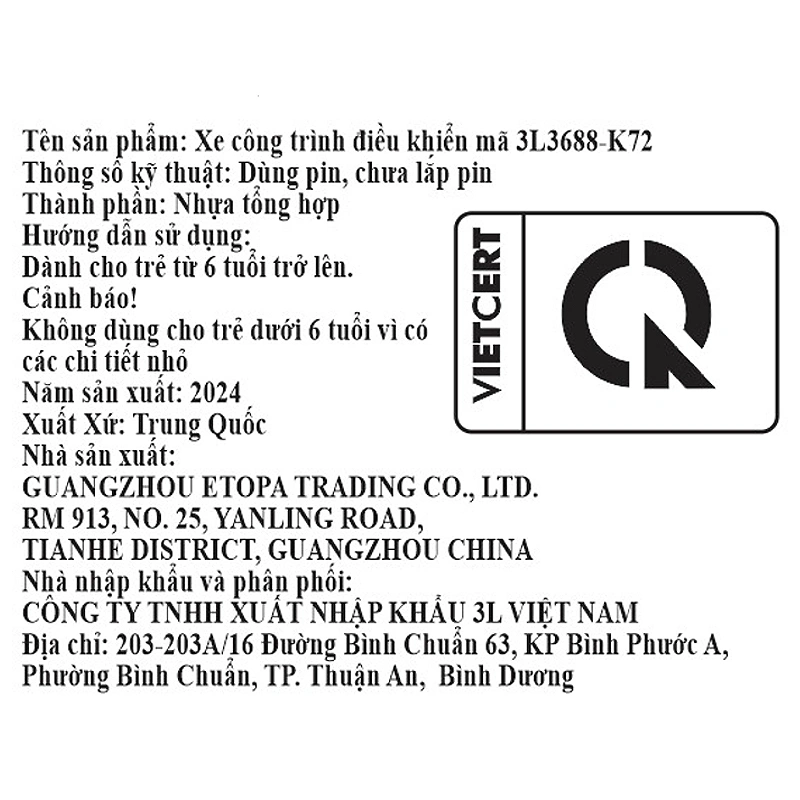 Đồ chơi xe công trình điều khiển 3L 3L3688-K72 - Giao mẫu ngẫu nhiên 11
