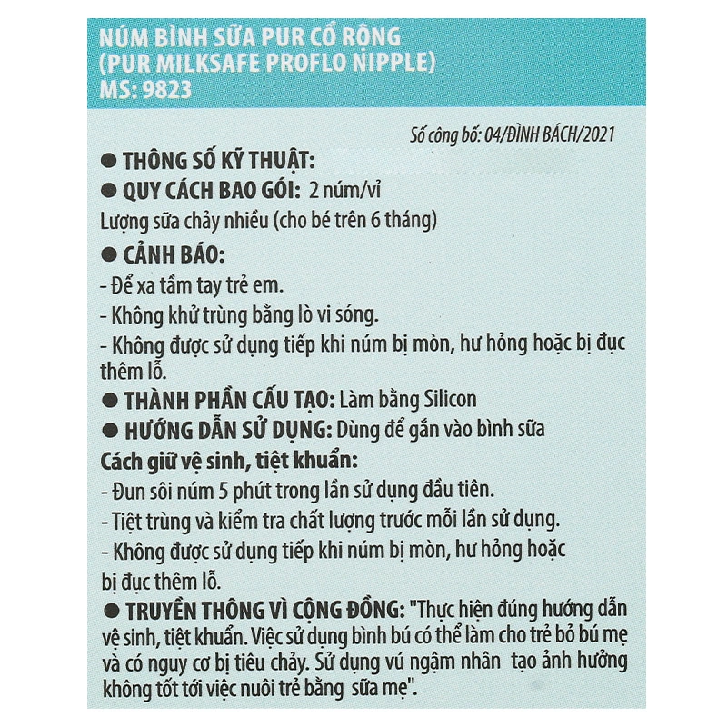 Bộ 2 núm ti Pur Milk Safe 9823 cổ rộng size L (từ 6 tháng) 8