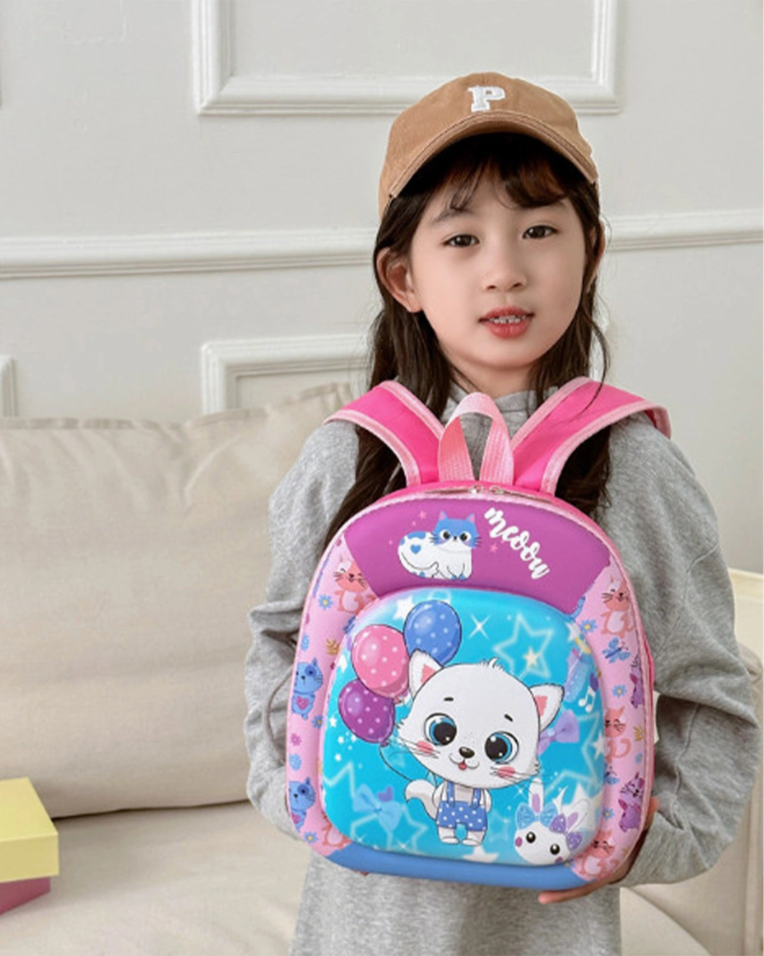 Balo cho bé mẫu giáo Á Châu mèo 3D tím - hồng 2
