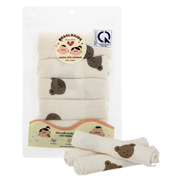 Set 5 cái khăn sữa muslin Bessla 2 lớp 27x27 cm - Gấu bear 1