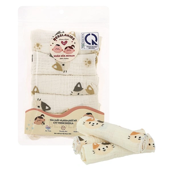 Set 5 cái khăn sữa muslin Bessla 2 lớp 27x27 cm - Mèo hai màu 1