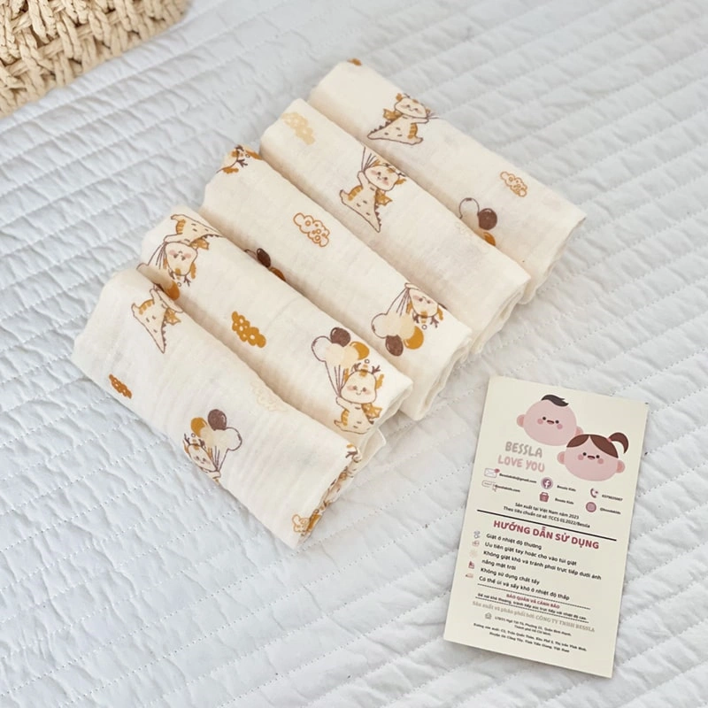 Set 5 cái khăn sữa cotton Bessla 2 lớp 27x27 cm - Rồng 5