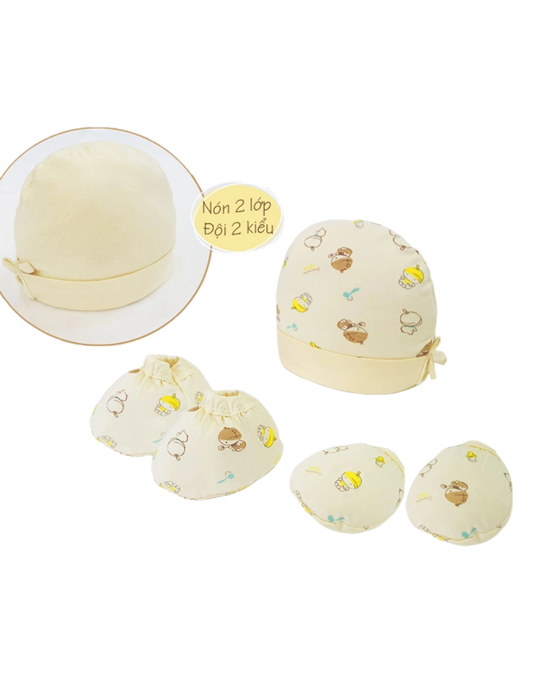 Set nón, bao tay bao chân BabyMommy 2 lớp in họa tiết em bé - Màu ngẫu nhiên (0 - 3 tháng) 2