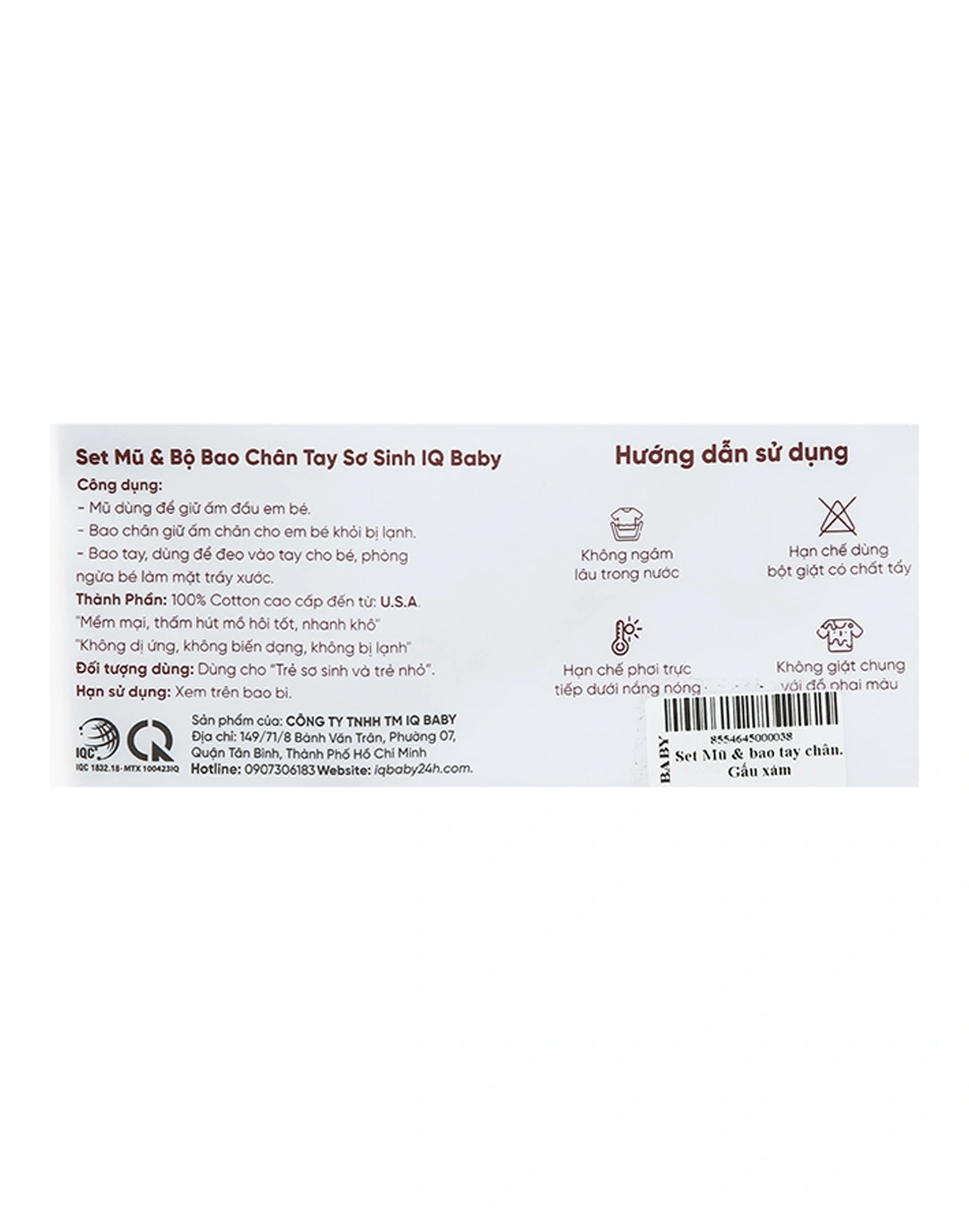 Set nón, bao tay bao chân in gấu xám IQ Baby màu trắng (0 - 3 tháng) 10